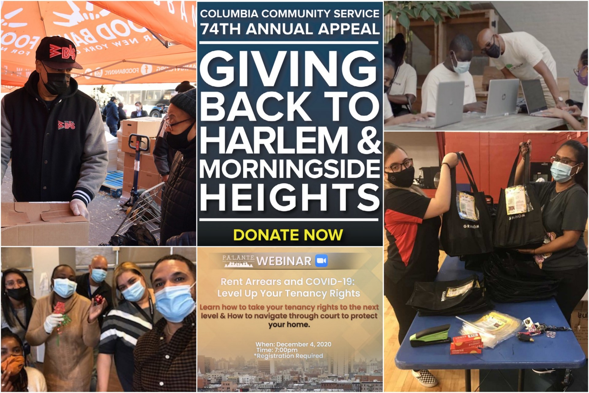 A graphic saying "I donated to the Columbia Community Service 74th Annual Appeal: Giving Back to Harlem & Morningside Heights" surrounded by images of CCS grantees.