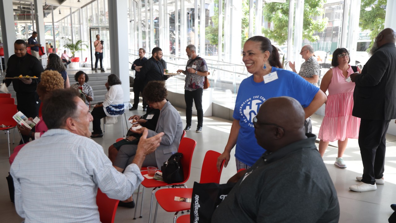 Grantees mingle in the Columbia Forum. Photo by Bruce Gilbert