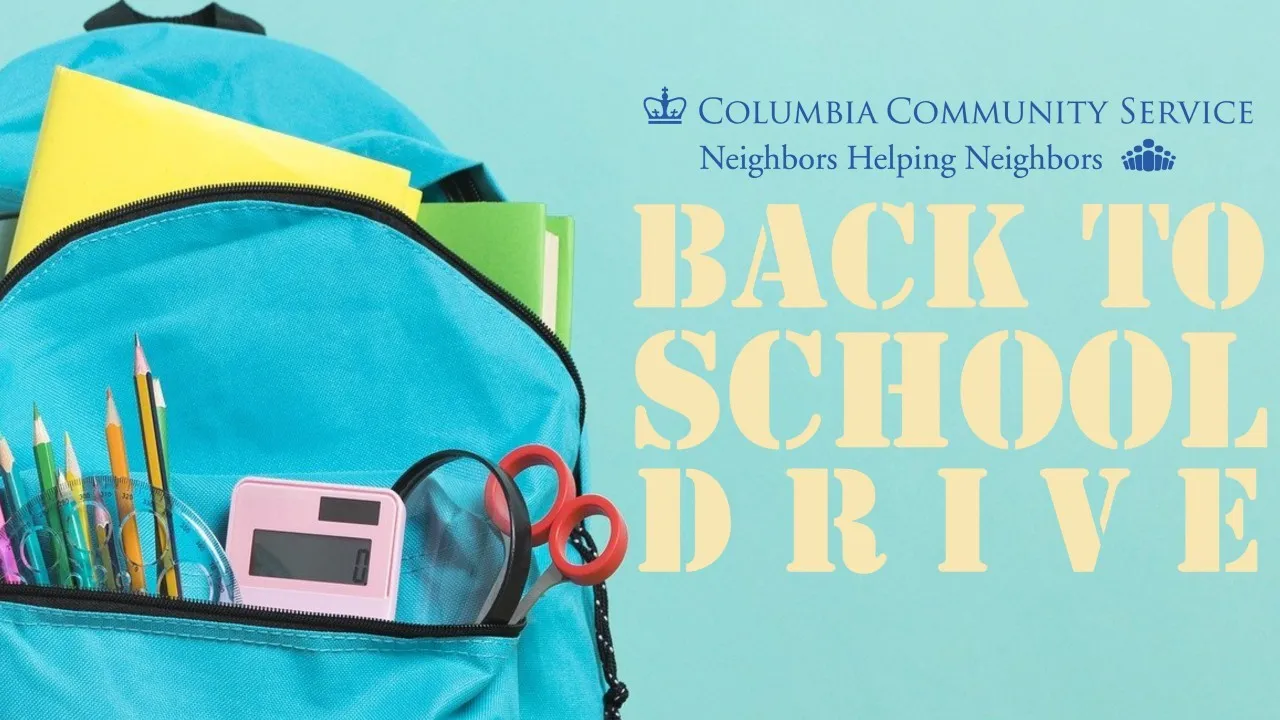 Backpack full of supplies on turquoise blue background