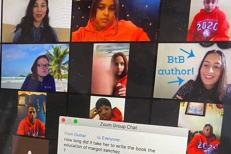 Copy of a zoom meeting screenshot with 6 individuals and a chat box open.