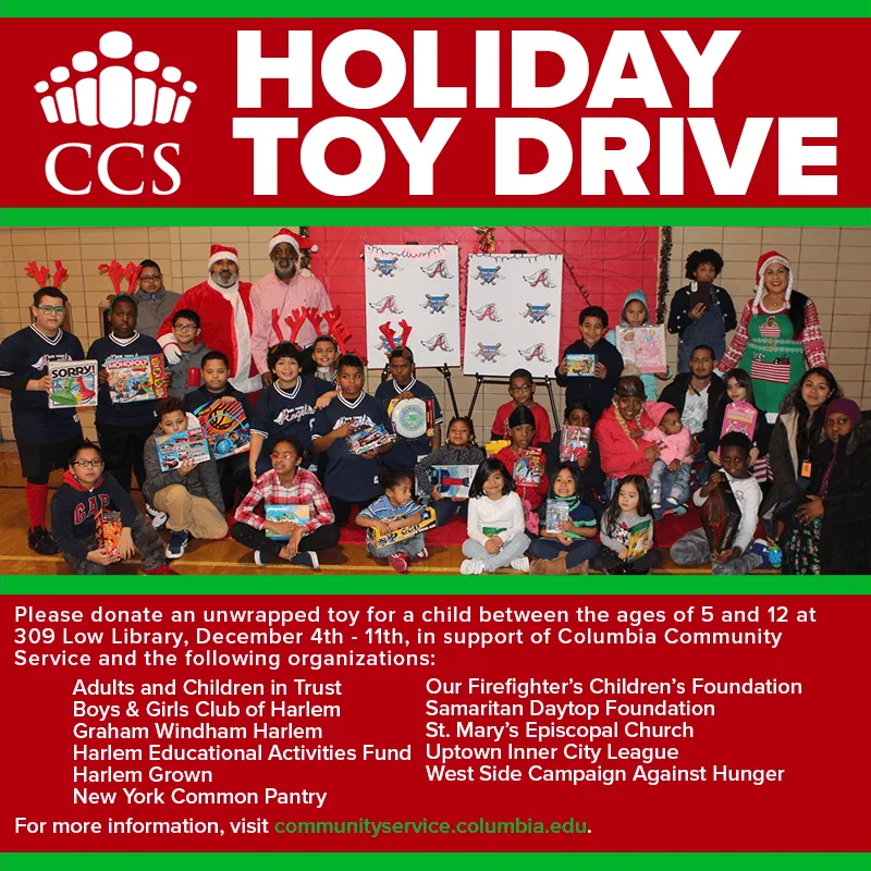 Flyer with image of 30 adults and children holding toys in a posed photo.
