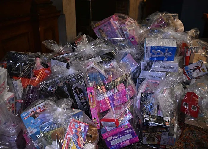 Toys for donation in plastic bags